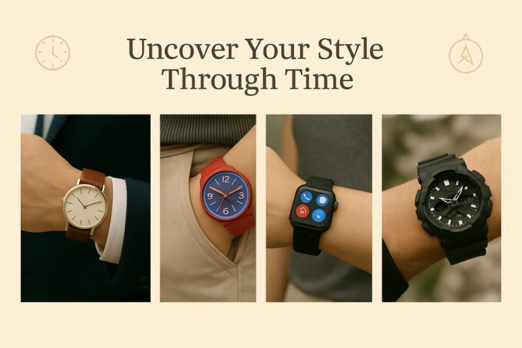 Visual collage showing wristwatch style personality types: classic leather watch, colorful trendy watch, smartwatch with app icons, and rugged outdoor watch