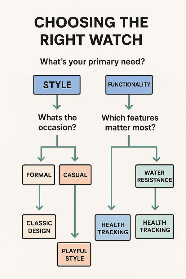 Flowchart infographic showing how to choose a wristwatch based on style and function