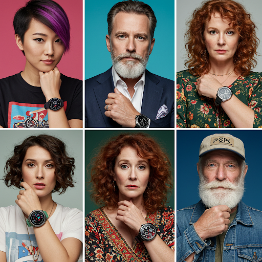 Collage of diverse individuals wearing different styles of wristwatches, each showcasing a unique wristwatch style personality.
