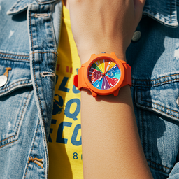 Trendy, colorful wristwatch matched with stylish outfit