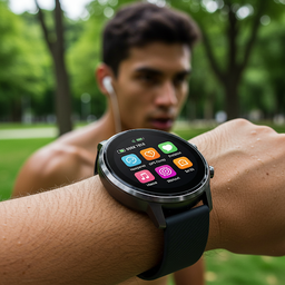 Smartwatch displaying fitness and connectivity features during exercise, reflecting a tech-savvy wristwatch style personality