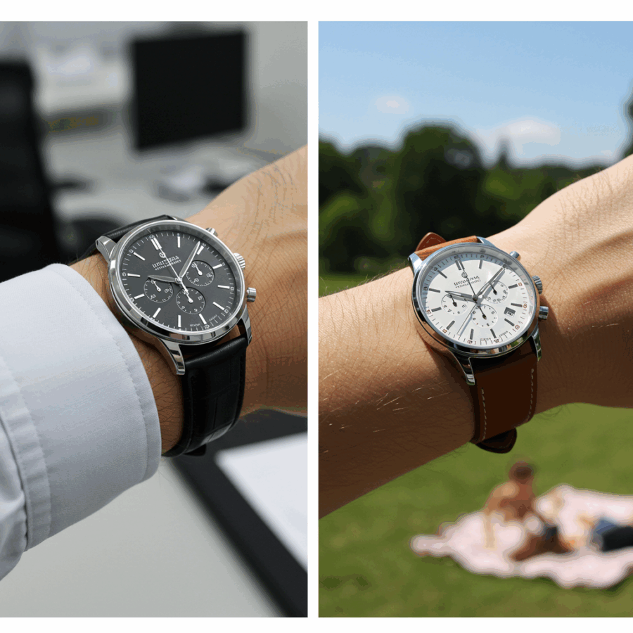 Side-by-side images of a single wristwatch styled for formal and casual looks